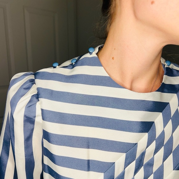 Vintage JT Dress 80s Blue and White Stripe Pleated Long Sleeve, Tea Length Dress - Picture 4 of 9